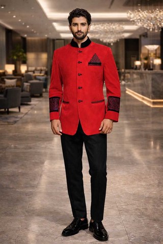 Costume Nehru velours rouge royal