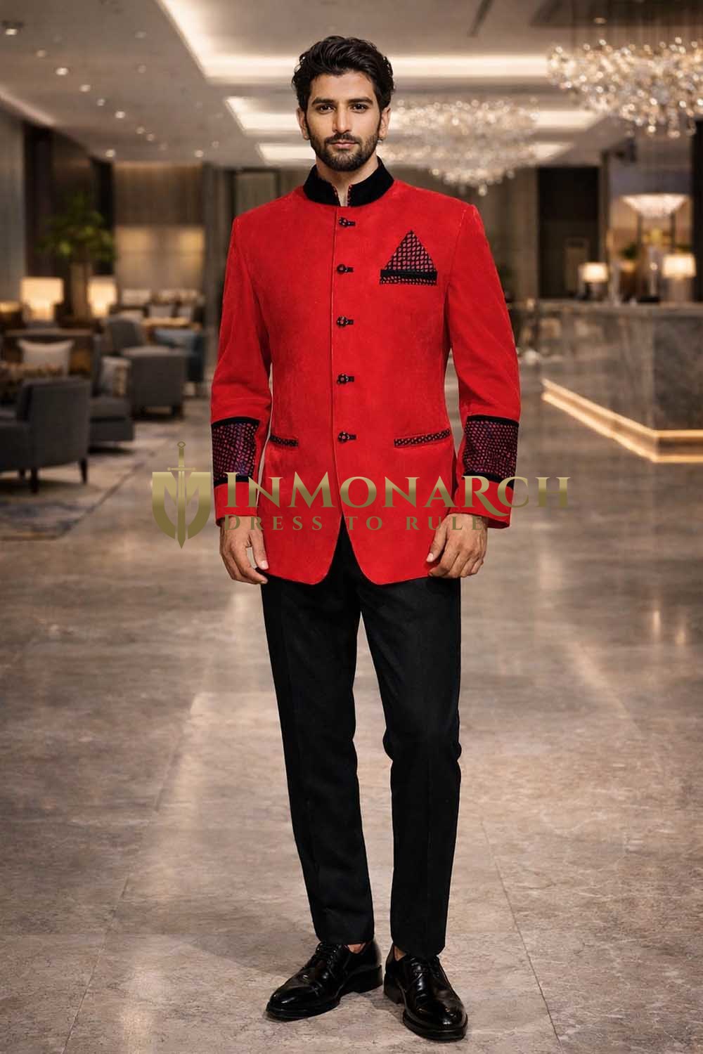 Costume Nehru velours rouge royal