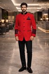 Costume Nehru velours rouge royal