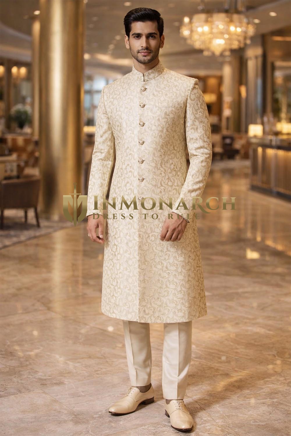 Ivory Brocade Wedding Sherwani 2Pc for Groom with Cream Chudidar