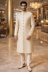 Ivory Brocade Wedding Sherwani 2Pc for Groom with Cream Chudidar