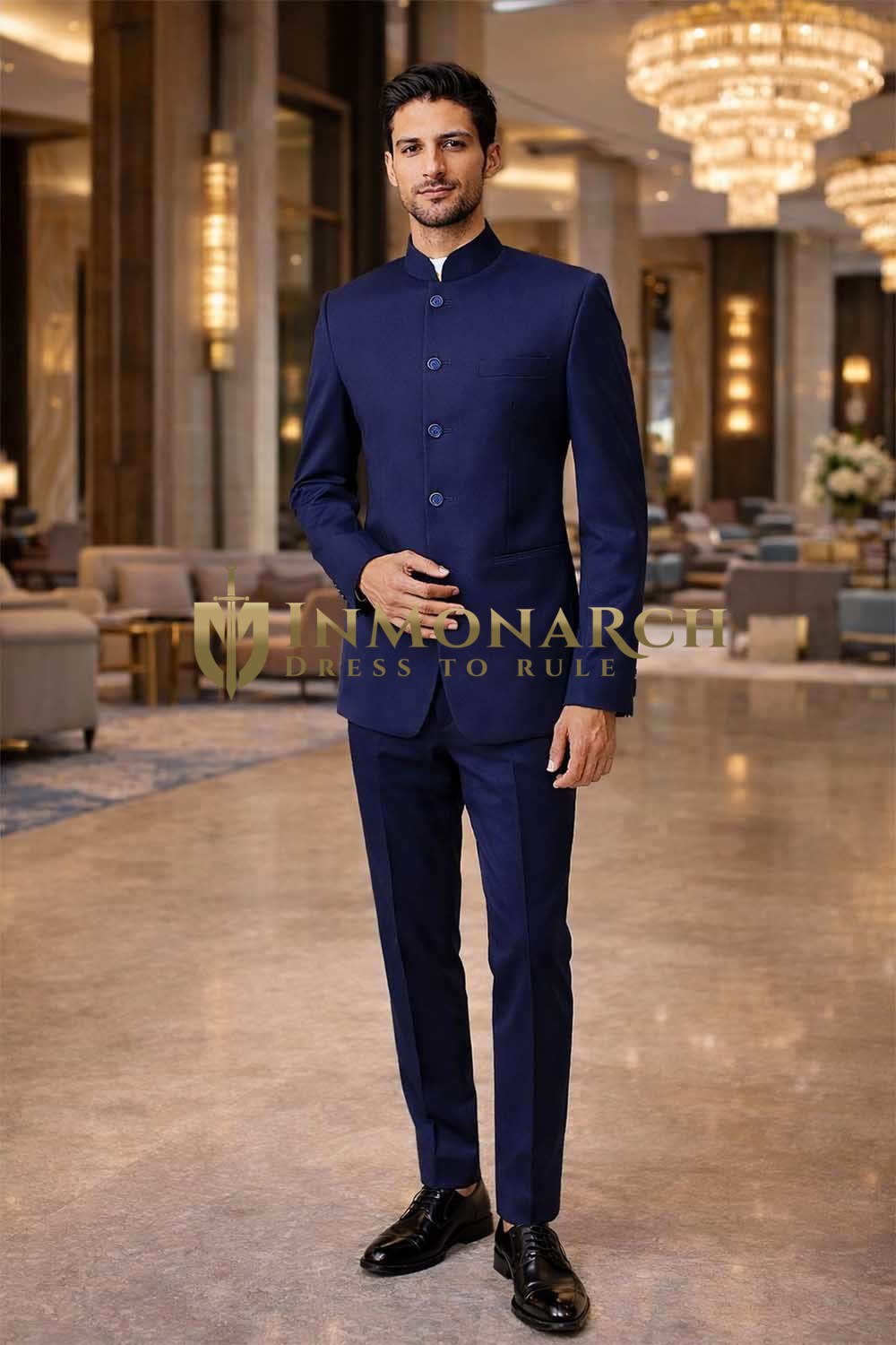 Mens Royal Blue 5 Button Nehru Suit 2 Pc Traditional Wedding Wear