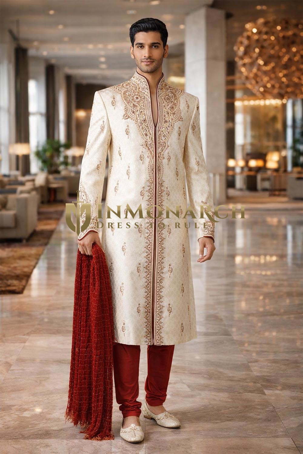 Sherwani crema real bordado hombre