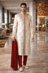 Cream Designer Wedding Sherwani 2Pc with Maroon Chudidar for Groom