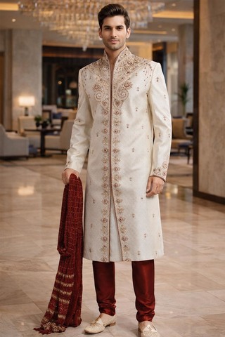 Cream Bollywood Style Wedding Sherwani 2Pc with Maroon Chudidar