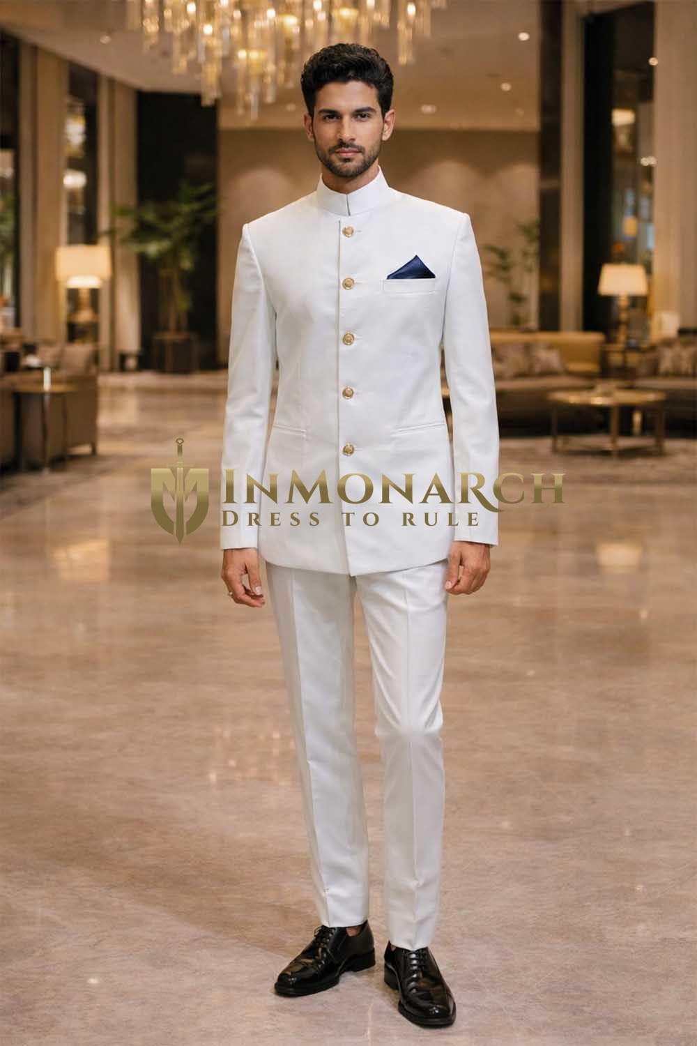 Mens White 5 Button Nehru Suit 3 Pc Traditional Wedding Wear