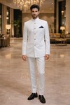 Mens White 5 Button Nehru Suit 3 Pc Traditional Wedding Wear