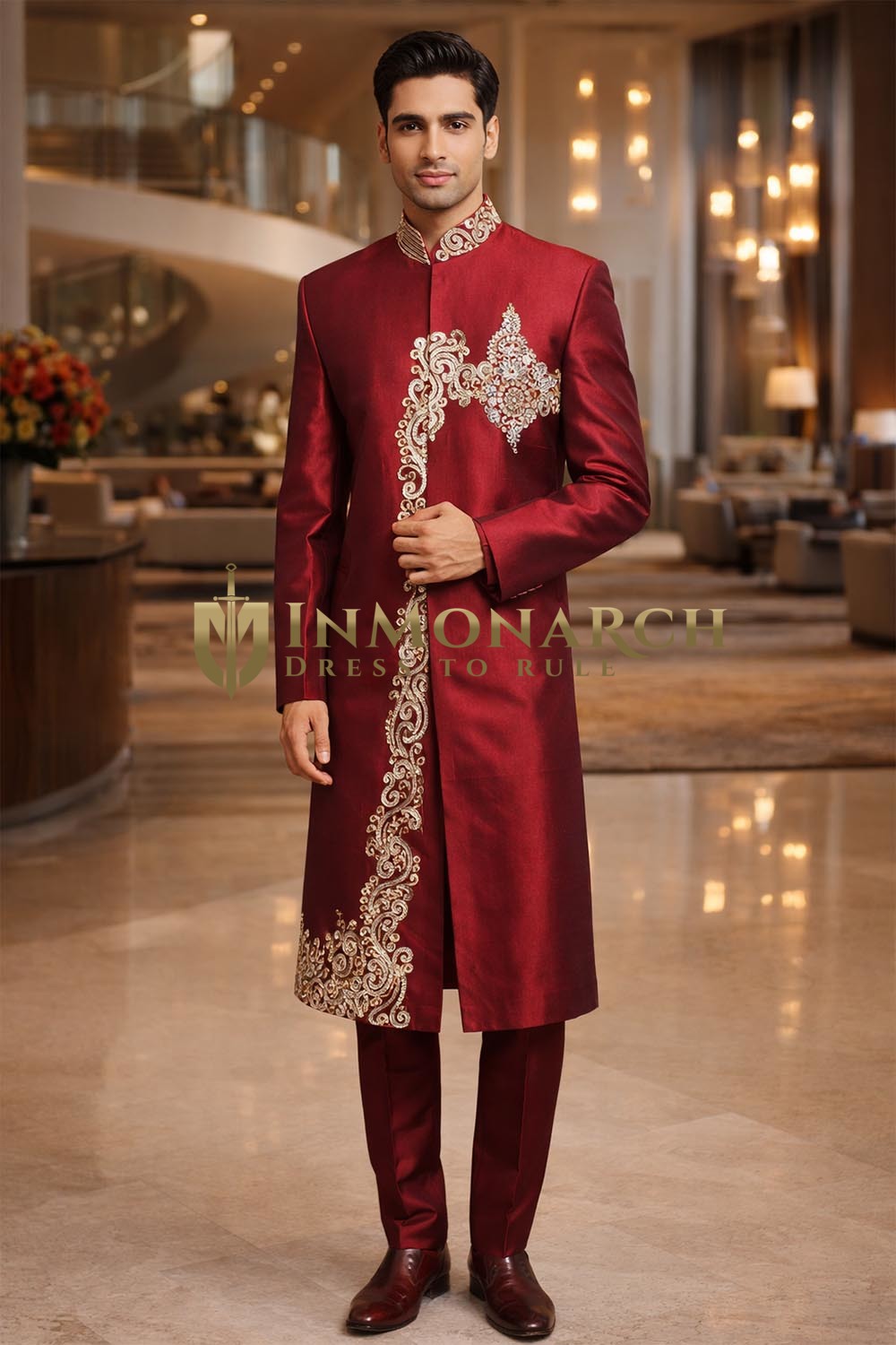 Maroon Pure Silk Bollywood Designer Sherwani 2Pc for Groom
