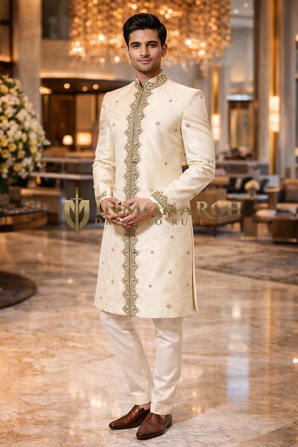 Cream Embroidered Groom Wedding Sherwani with Trousers