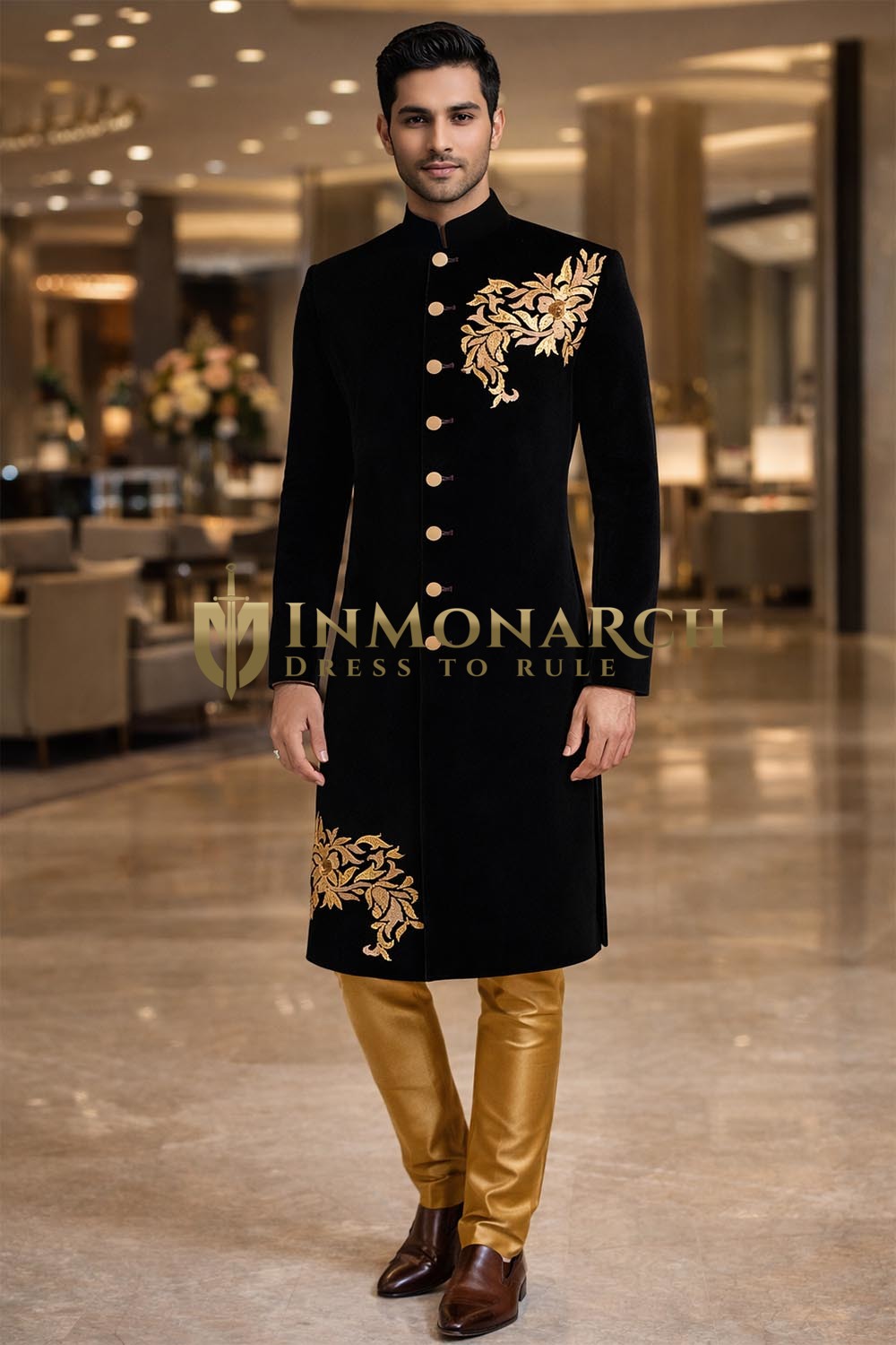 Black Velvet Wedding Sherwani 2Pc with Gold Embroidery