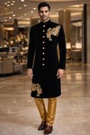 Black Velvet Wedding Sherwani 2Pc with Gold Embroidery