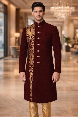 ワインレッドシェルワーニ金刺繍婚礼服