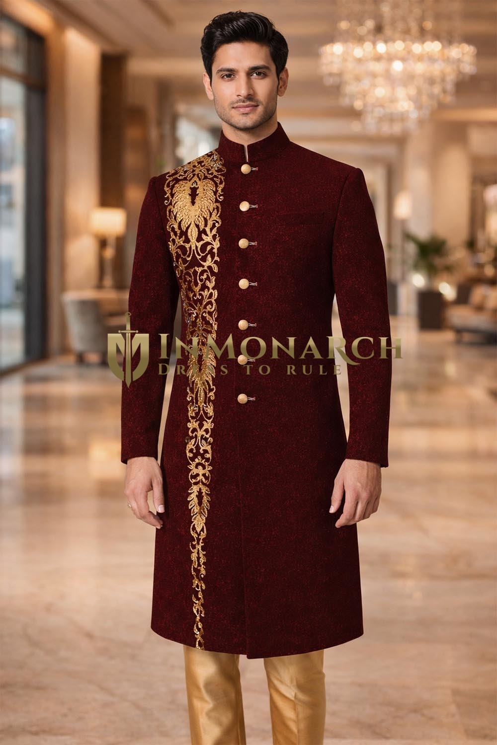 Maroon Suede Groom Sherwani 2Pc with Gold Hand Embroidery