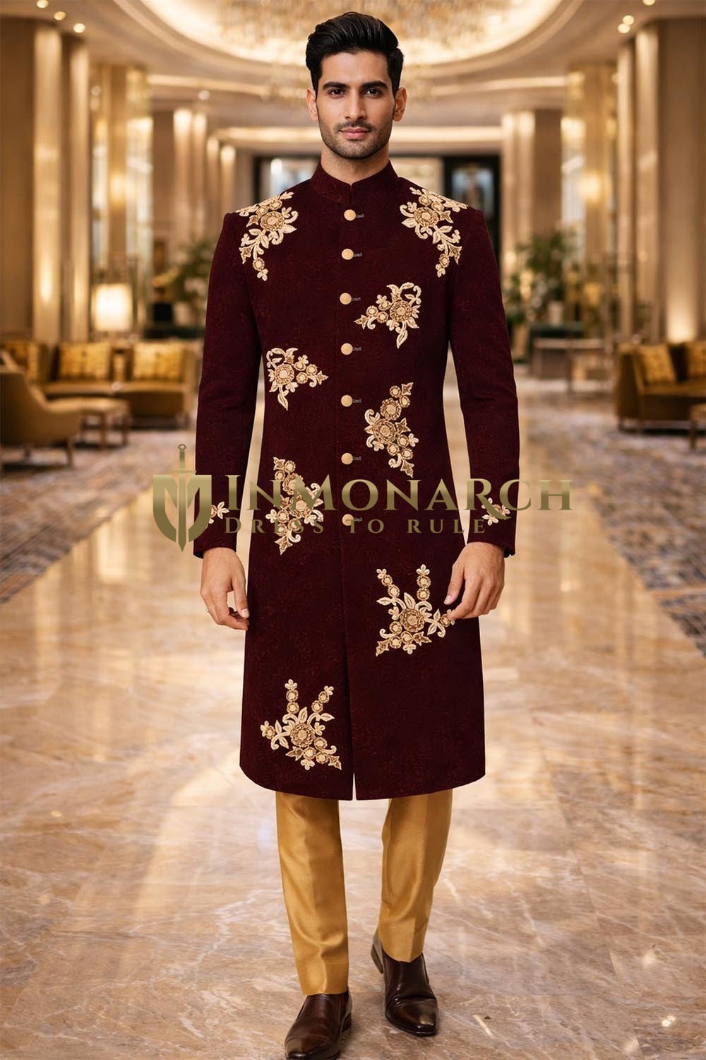 Maroon Ethnic Groom Sherwani 2Pc with Gold Floral Embroidery