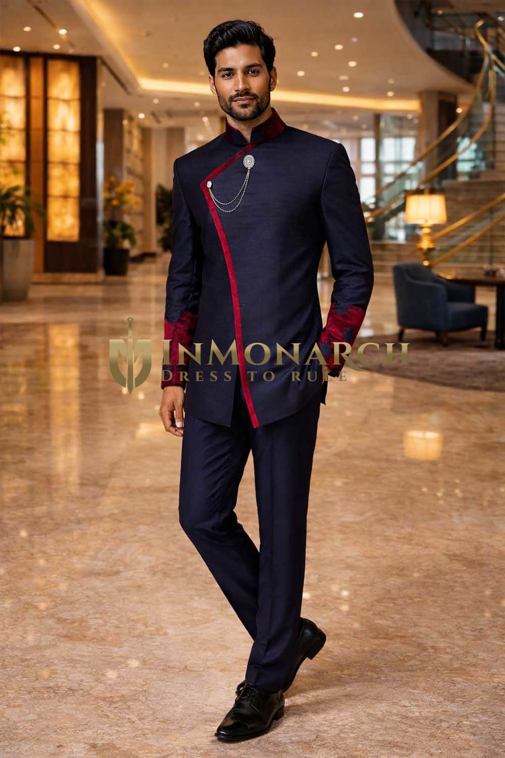 Traje Nehru negro oculto botones