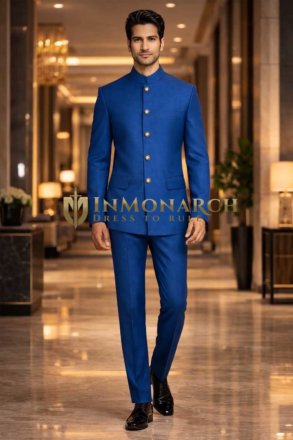 Costume Nehru mariage bleu 5 boutons