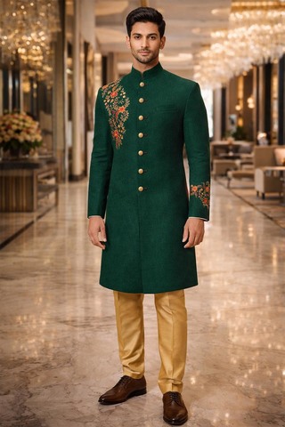 Sherwani verde bordado para novio
