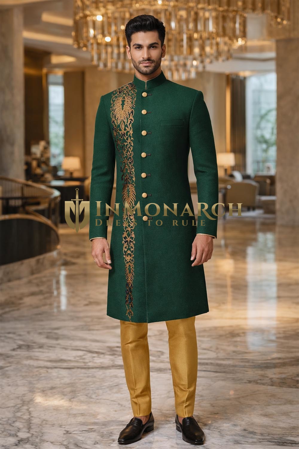 Emerald Designer Groom Sherwani 2Pc with Gold Embroidered Panel