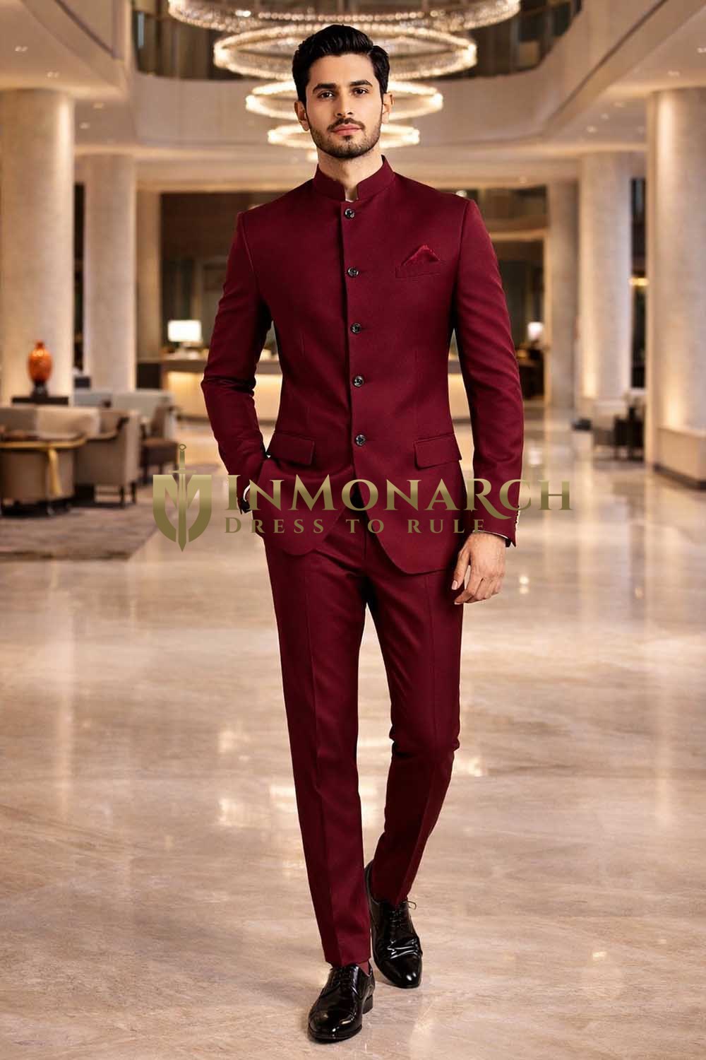 Traje Nehru burdeos cinco botones