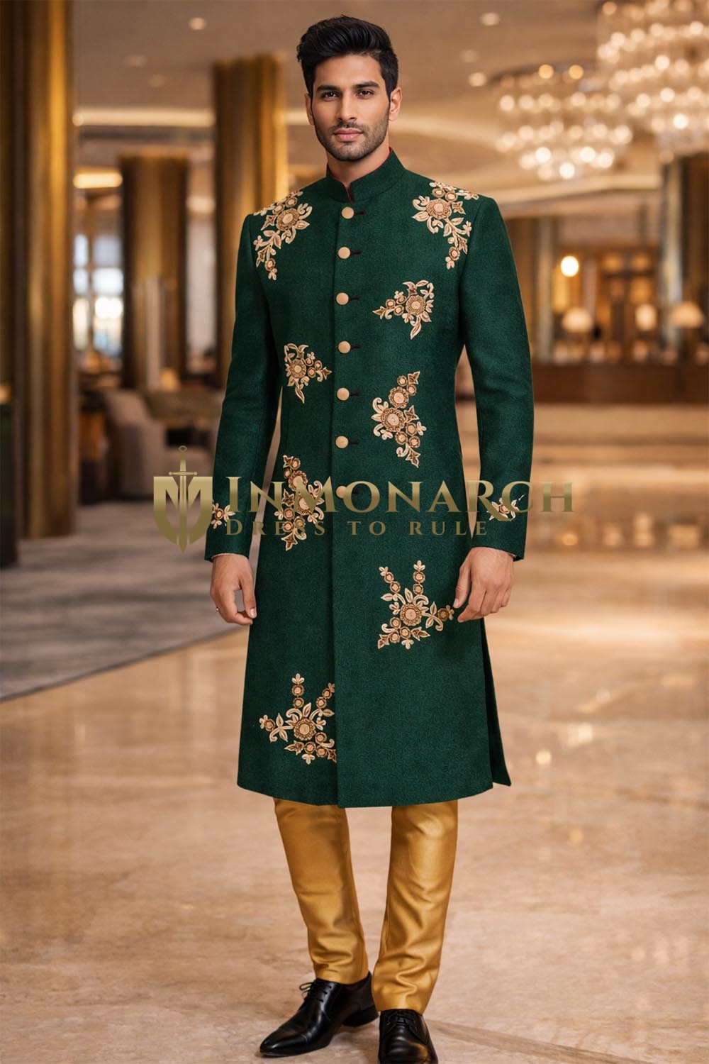 Green Traditional Designer Wedding Sherwani 2Pc with Gold Embroidery