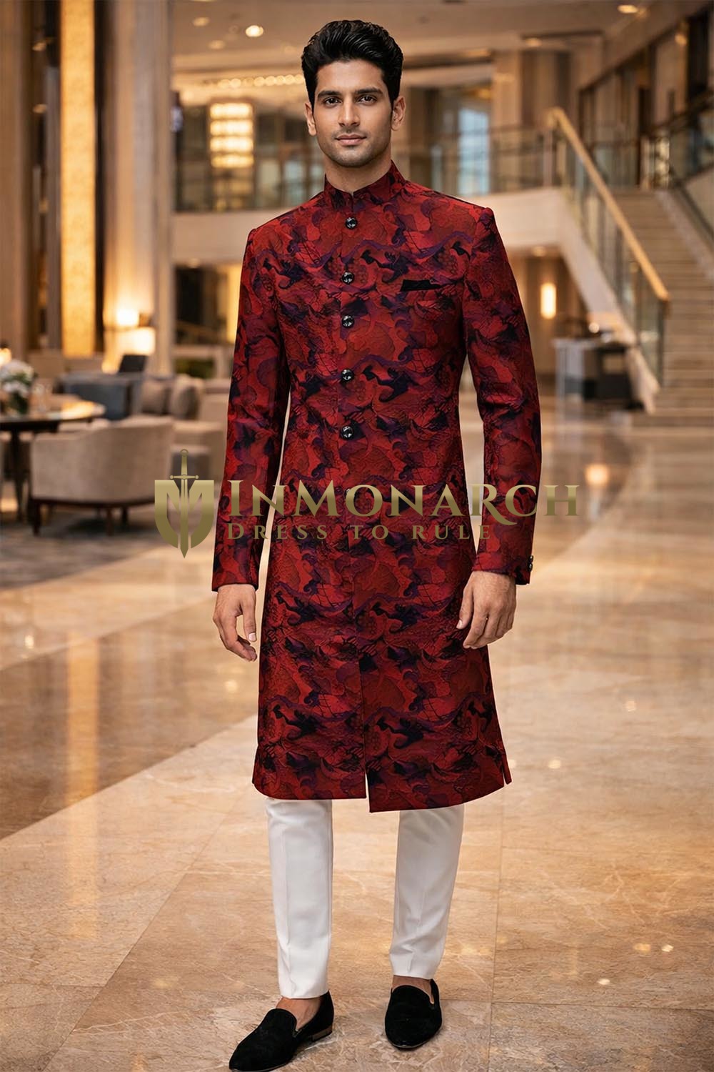 Crimson Digital Print Wedding Sherwani 2Pc with White Chudidar