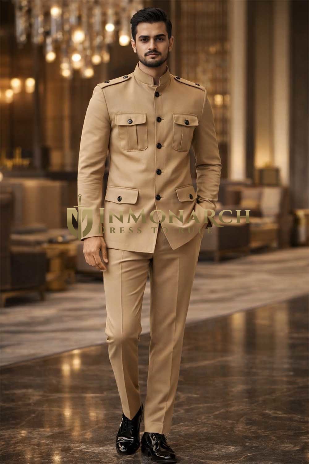 Traje Nehru beige cinco botones