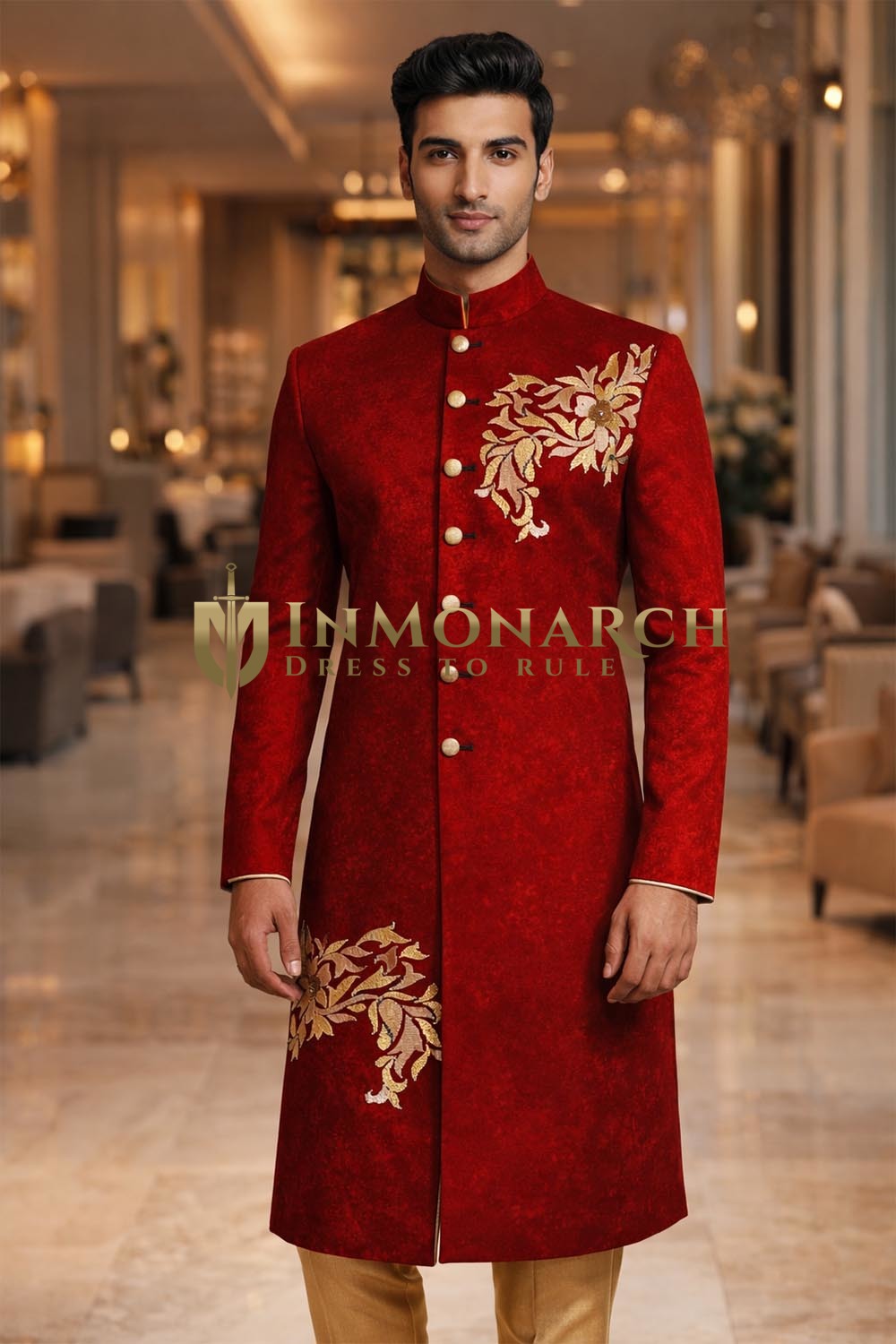 Royal Red Wedding Sherwani 2Pc with Golden Hand Embroidery