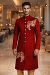 Royal Red Wedding Sherwani 2Pc with Golden Hand Embroidery