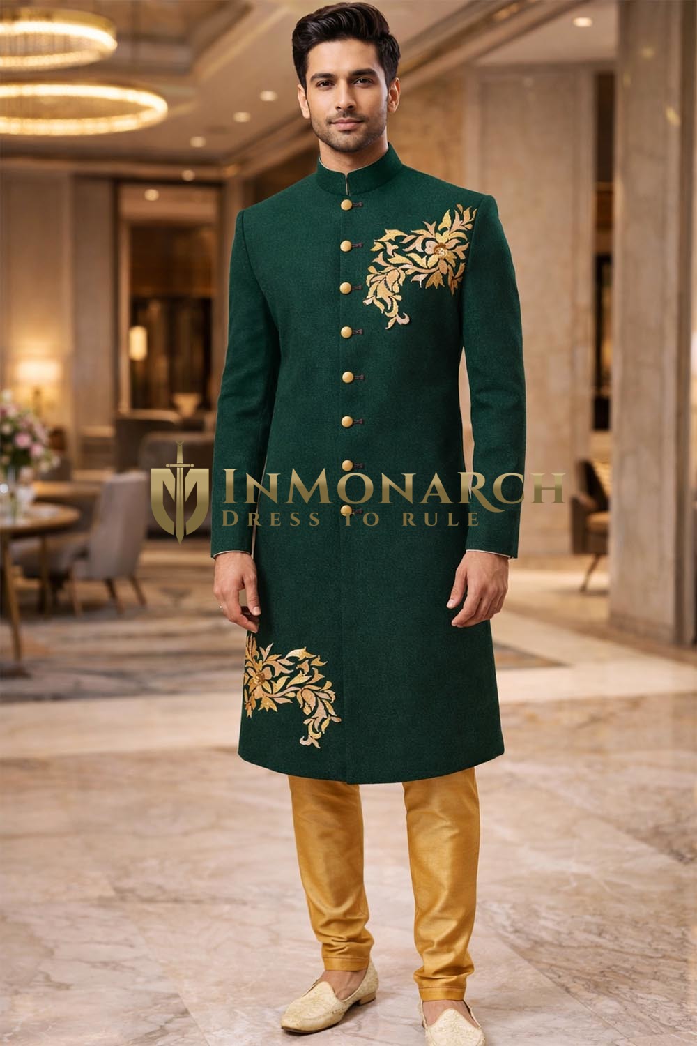 Green Designer Wedding Sherwani 2Pc with Golden Embroidery