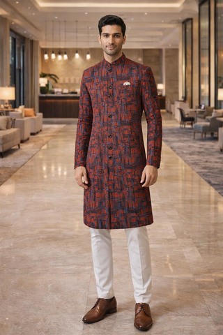 Sherwani rouge traditionnel 3 pièces mariage homme