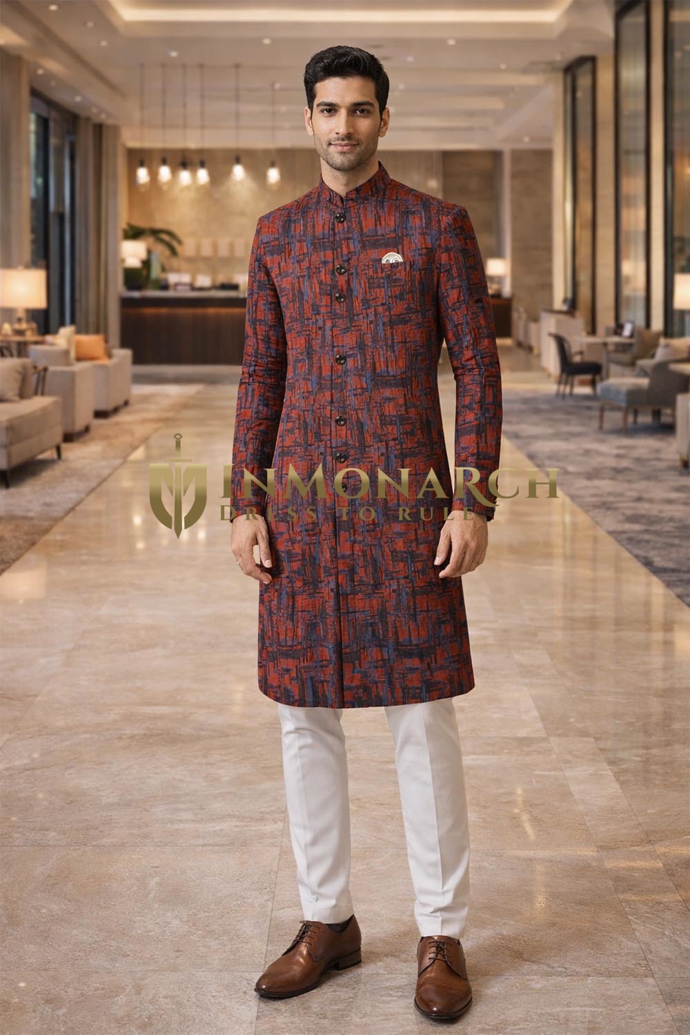 Sherwani rouge traditionnel 3 pièces mariage homme