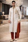 Ivory High-Collar Wedding Sherwani 3Pc with Maroon Chudidar