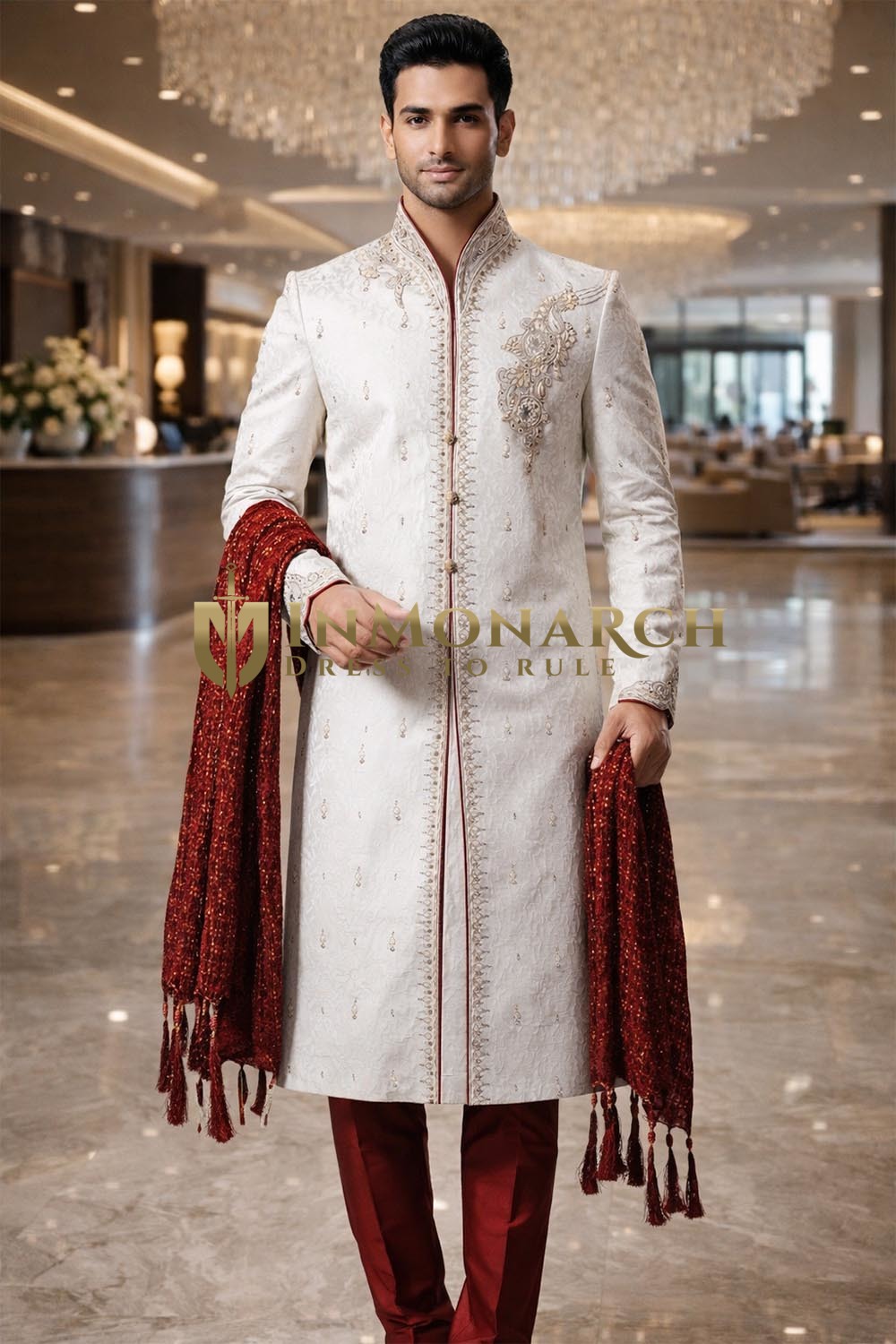 Hochzeits-Sherwani Brokat mit Stehkragen