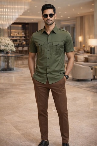 Chemise safari vert olive manches courtes homme – Style utilitaire avec épaulettes