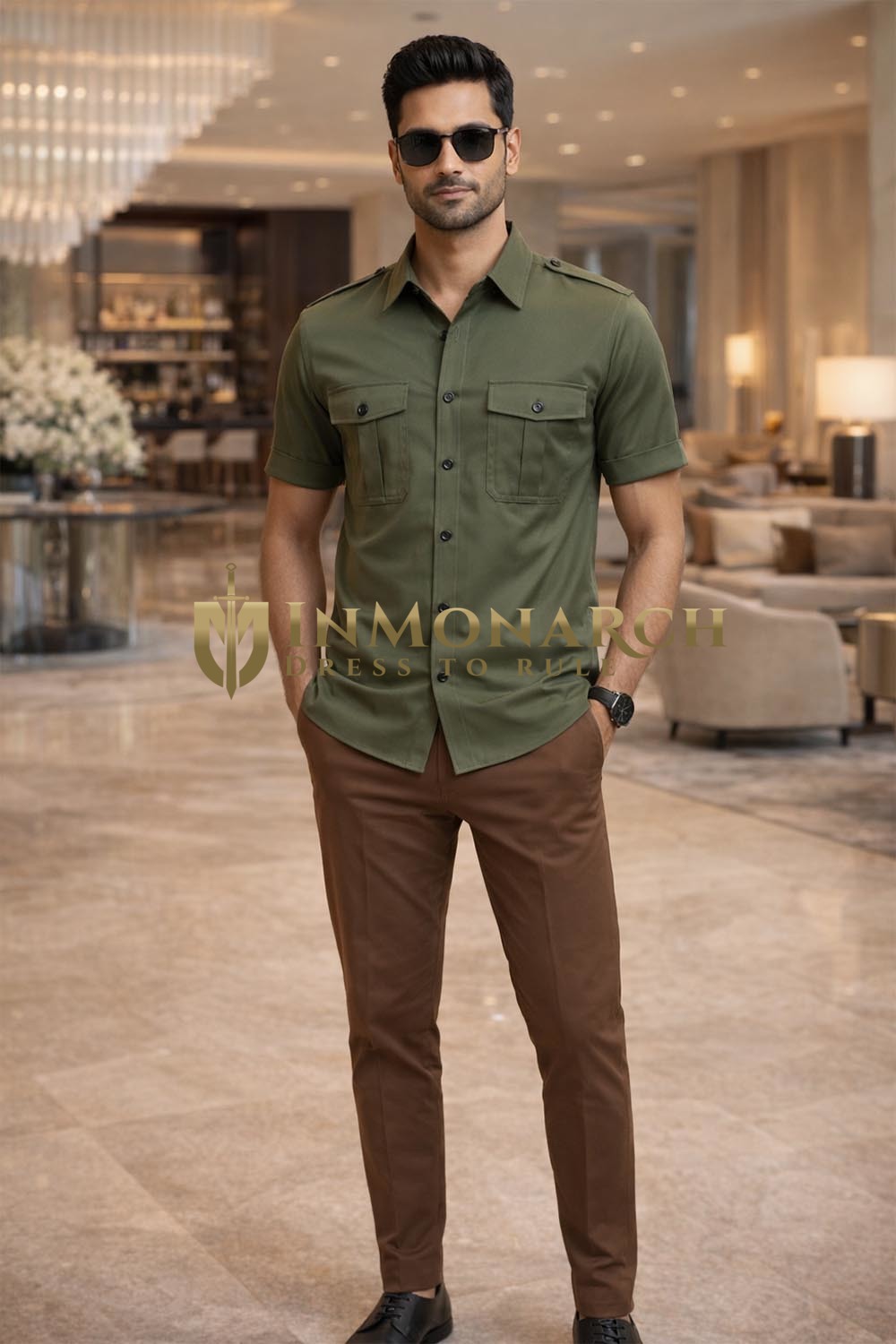 Safari Hemd Olivgrün Kurzarm Herren – Utility Style mit Schulterklappen