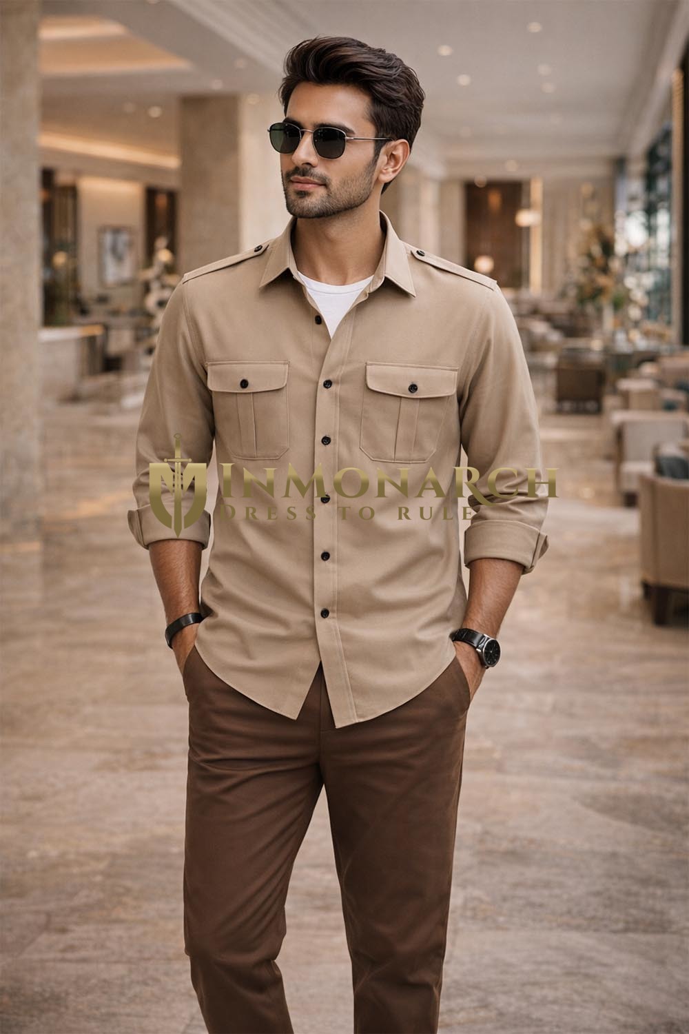 Mens Khaki Long Sleeve Safari Shirt with Utility Pockets Tailored Fit