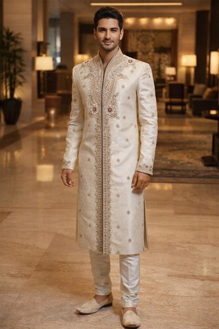 Sherwani mariage crème col montant impérial