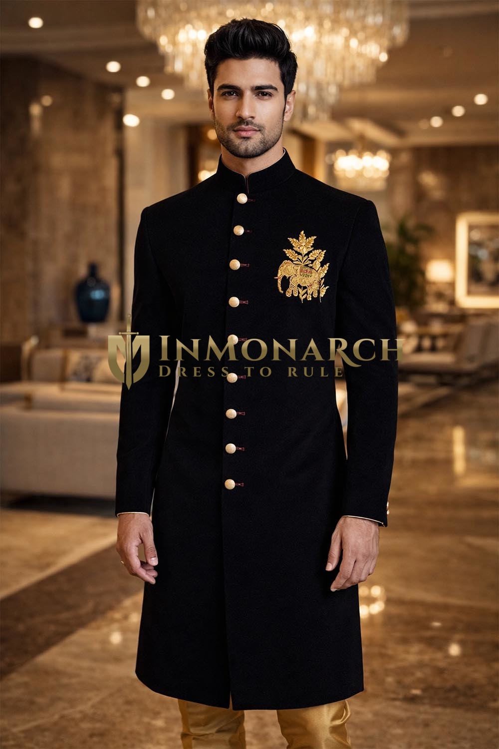 Black Velvet Wedding Sherwani 2Pc with Golden Elephant Embroidery