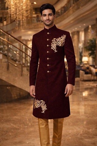 Maroon Wedding Sherwani 2Pc with Golden Embroidery