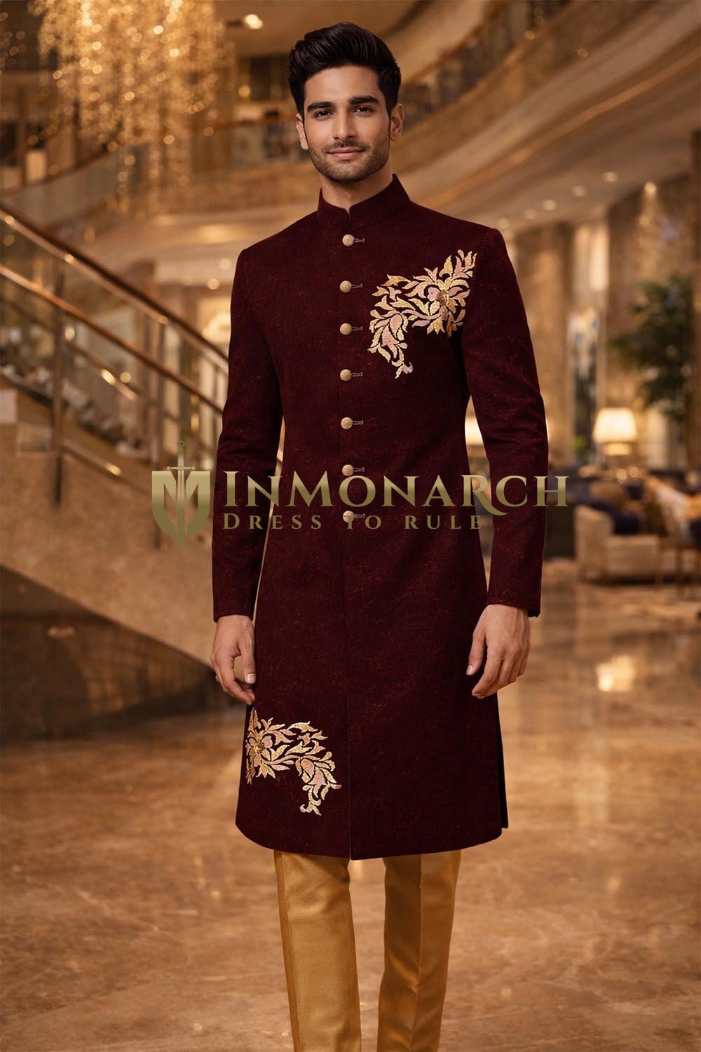 Maroon Wedding Sherwani 2Pc with Golden Embroidery