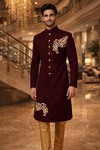 Maroon Wedding Sherwani 2Pc with Golden Embroidery