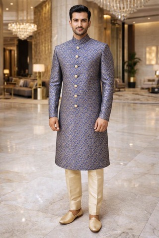 Blue Brocade Wedding Sherwani 2Pc with Cream Trousers