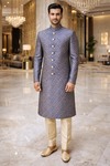 Blue Brocade Wedding Sherwani 2Pc with Cream Trousers