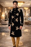 Black Designer Velvet Sherwani for Groom with Golden Embroidery