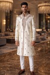 Cream Concealed Button Wedding Sherwani 2Pc with White Trousers