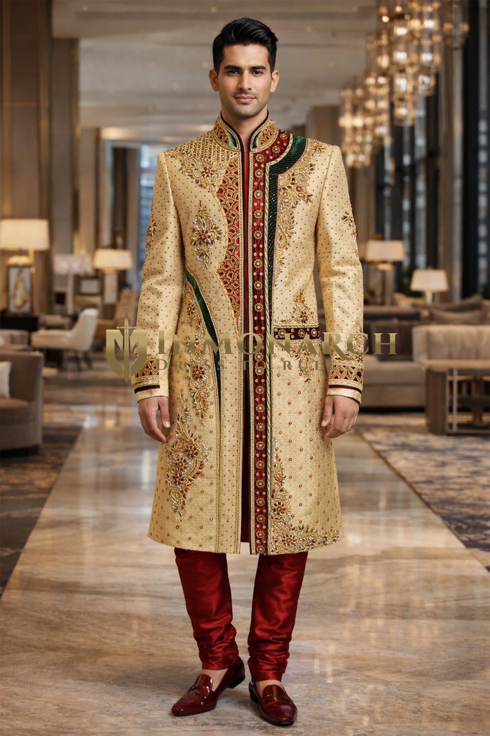 Golden Yellow Brocade Sherwani with Maroon & Green Velvet Work
