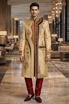 Golden Yellow Brocade Sherwani with Maroon & Green Velvet Work