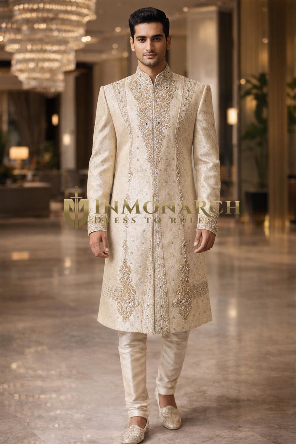 Dark Beige Designer Wedding Sherwani with Embroidery 2Pc