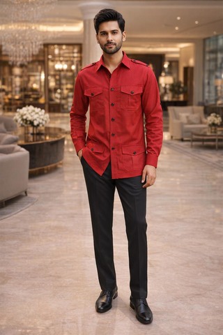 Chemise safari carreaux rouge homme