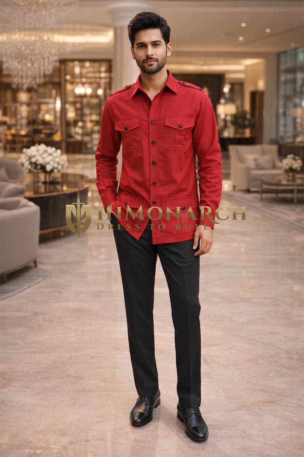 Mens Red Check Safari Shirt Slim Fit 4 Pocket Casual Utility Wear Style
